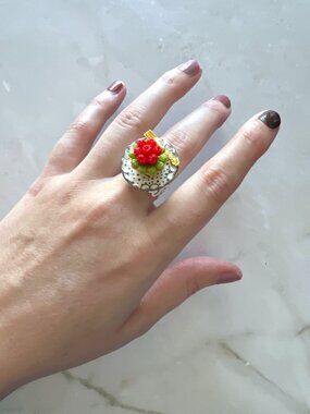 Raspberry Dreams Teacup Ring | Hand-Painted Ceramic | Miniature Food Jewelry